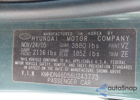 2006 Hyundai Elantra Gls/Limited z USA, uszkodzony, nr VIN KMHDN46D56U243773